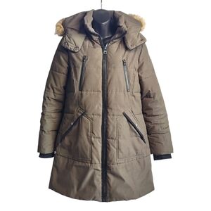 Guess Women's Olive Green Parka Coat Faux Fur Removable Hood Size Medium